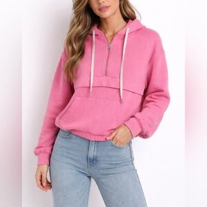 POL Half-Zip Hoodie Bubblegum Pink French Terry Cropped Oversized Medium